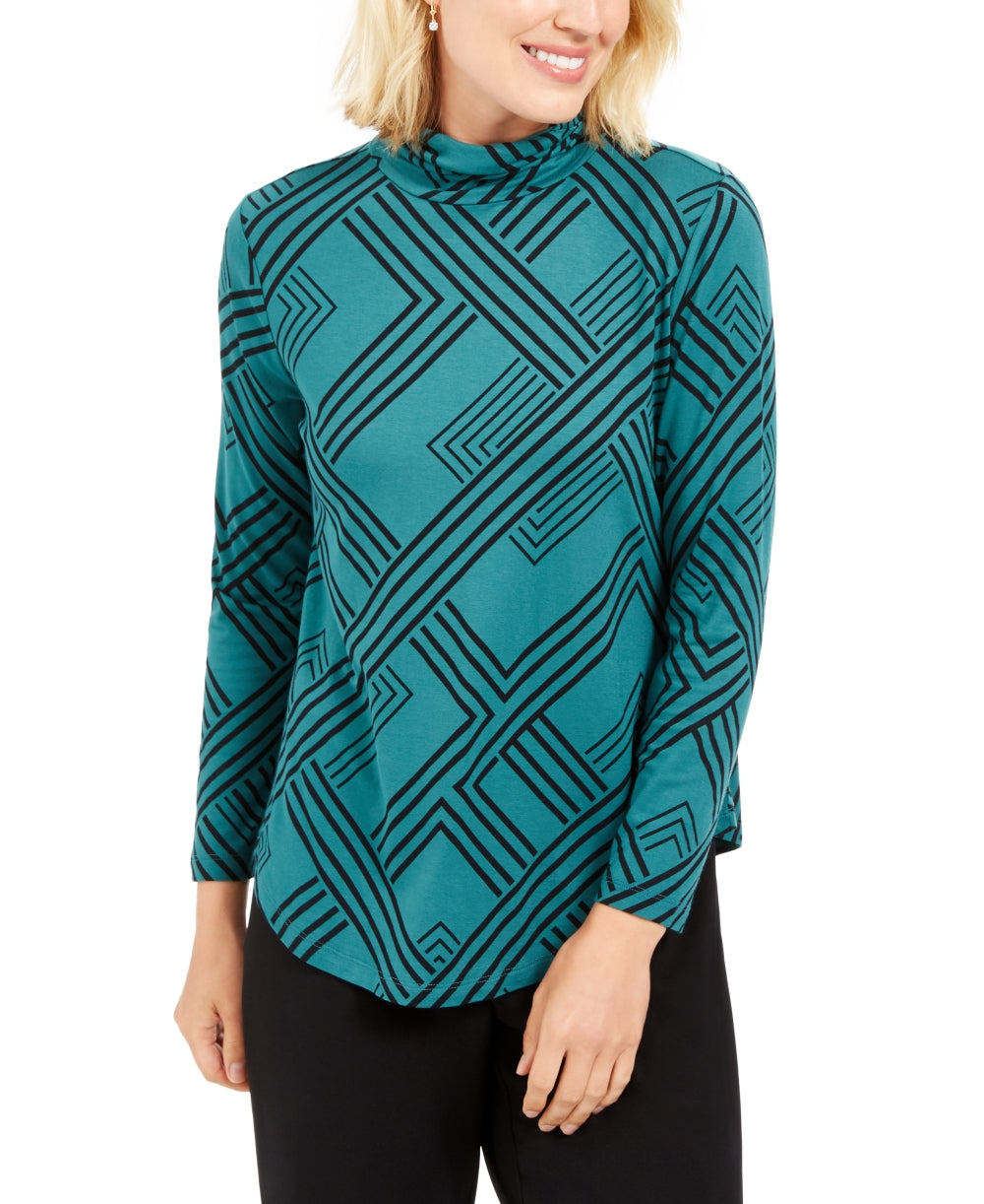 JM Collection Top feminino estampado de gola alta, tamanho médio, verde