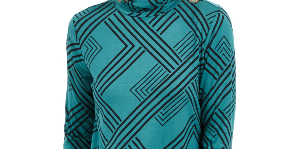 JM Collection Top feminino estampado de gola alta, tamanho médio, verde
