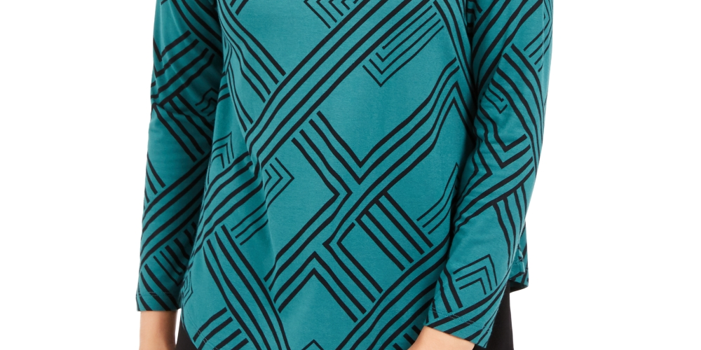 JM Collection Top feminino estampado de gola alta, tamanho médio, verde