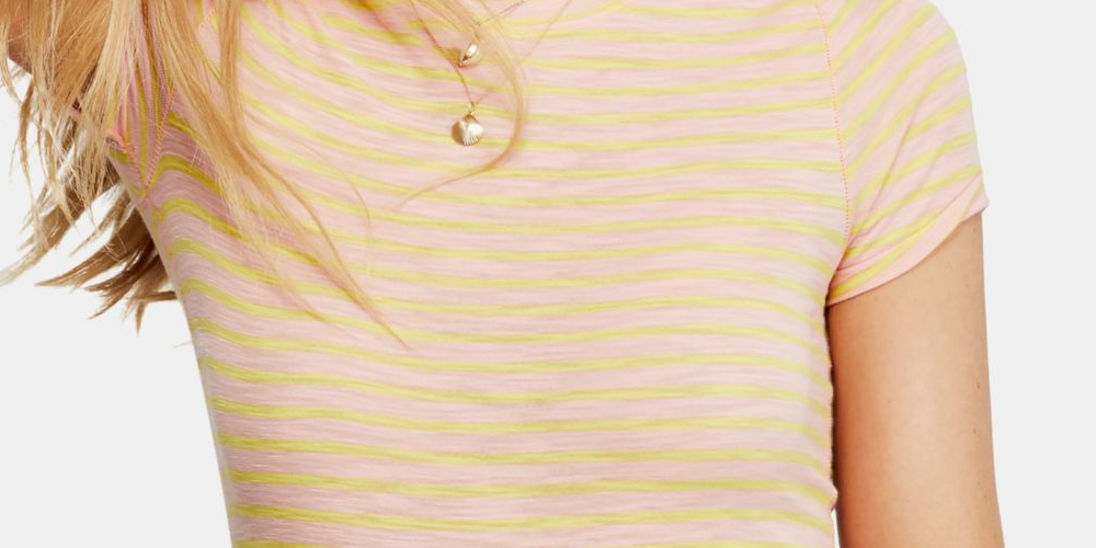 Camiseta feminina listrada de manga curta e gola redonda Free People, rosa, tamanho grande