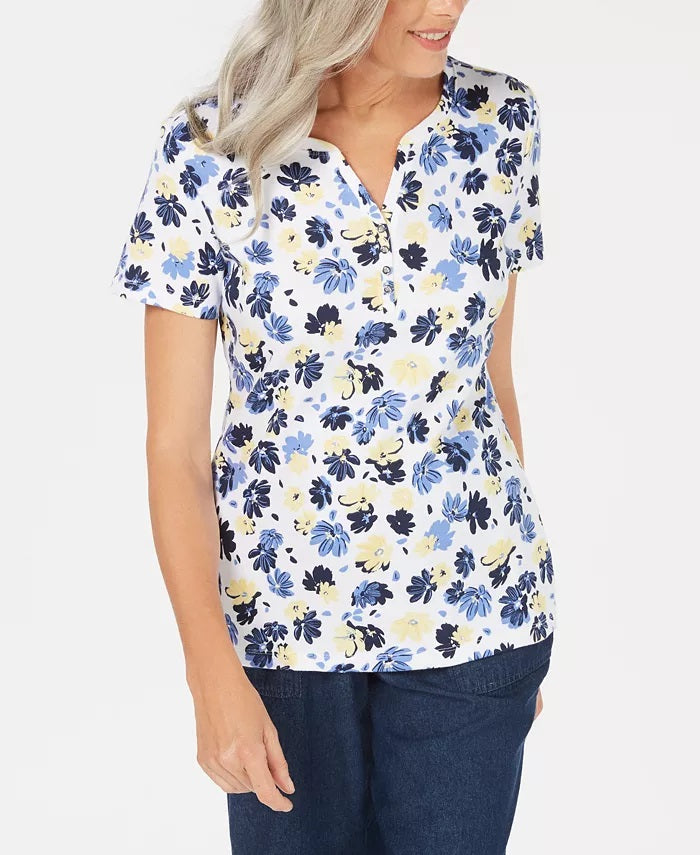Karen Scott Blusa Henley Feminina Estampada Liberty Daisy Branca Tamanho Pequeno