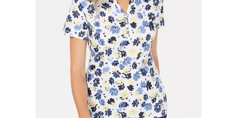 Karen Scott Blusa Henley Feminina Estampada Liberty Daisy Branca Tamanho Pequeno
