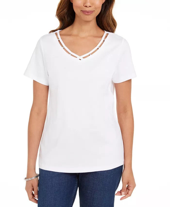 Camiseta feminina Karen Scott de algodão com decote em V e acabamento aberto, rosa, tamanho grande