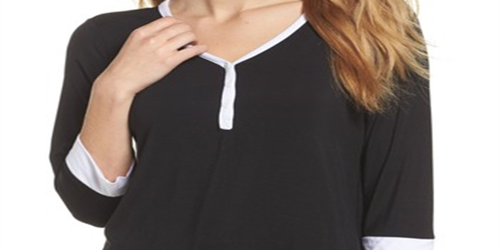 Blusa feminina DKNY Season Silhouettes com manga 3/4, preta, tamanho P