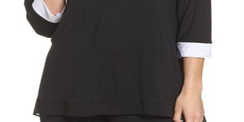 Blusa feminina DKNY Season Silhouettes com manga 3/4, preta, tamanho P