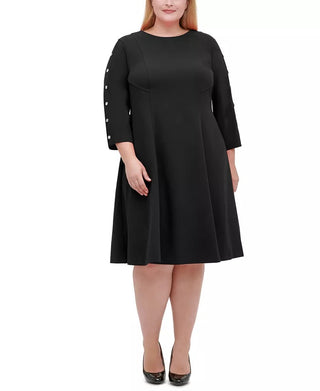 Vestido Tommy Hilfiger Feminino Plus Size com Mangas Botões e Ajuste Flare, Preto, Tamanho 20W
