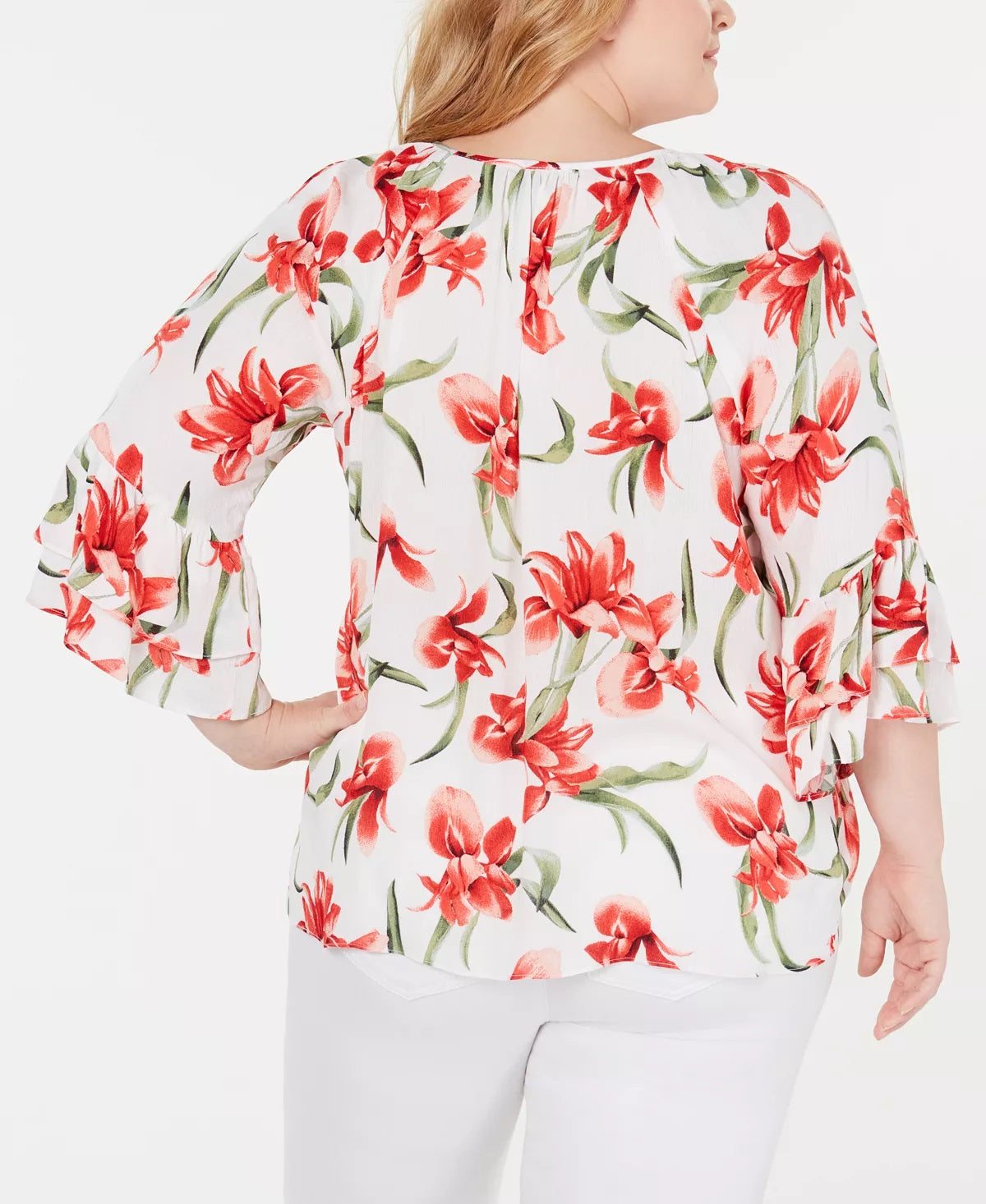 JM Collection Top feminino plus size com estampa floral e bainha amarrada, branco, tamanho 0X