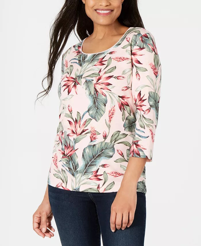 Karen Scott Blusa Feminina Estampa de Palmeira Manga 3/4 Rosa Tamanho P