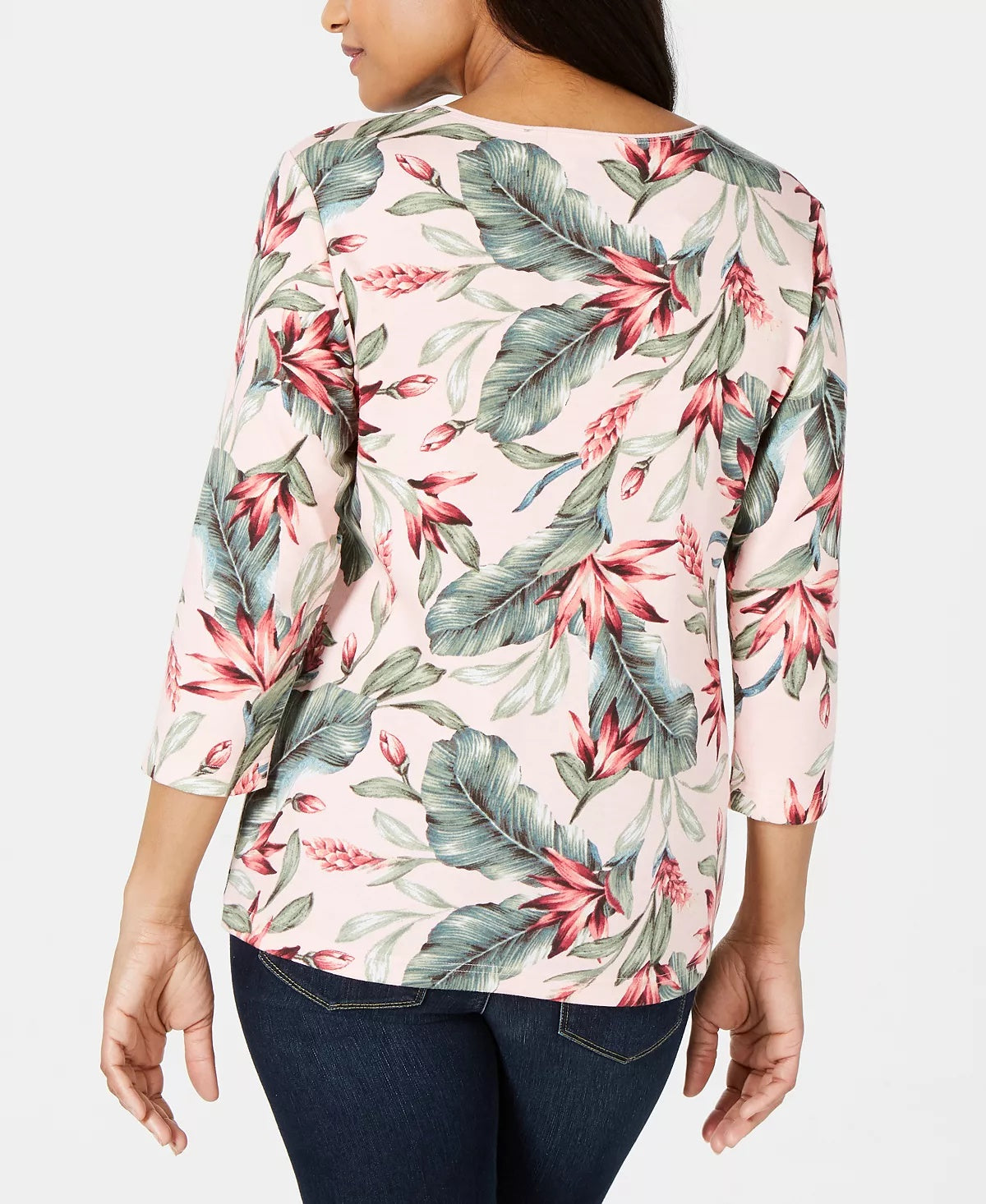 Karen Scott Blusa Feminina Estampa de Palmeira Manga 3/4 Rosa Tamanho P