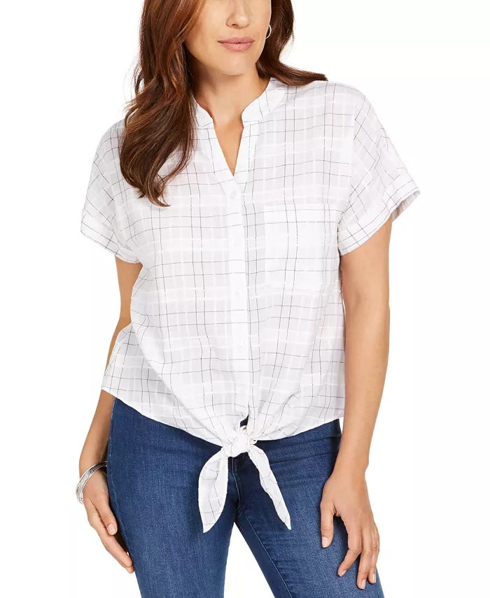 Charter Club Blusa feminina com estampa de janela e amarração na cintura, branca, tamanho extragrande
