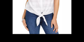 Charter Club Blusa feminina com estampa de janela e amarração na cintura, branca, tamanho extragrande