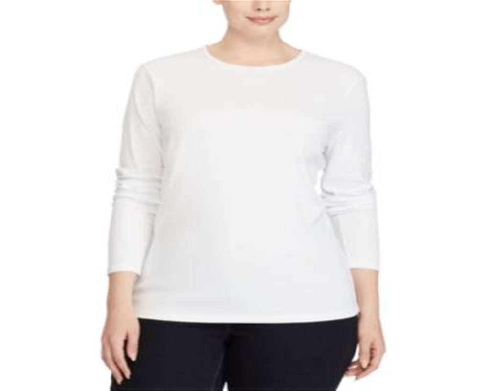 Blusa feminina Lauren Ralph Lauren de manga comprida e gola redonda, plus size, branca, tamanho 1X