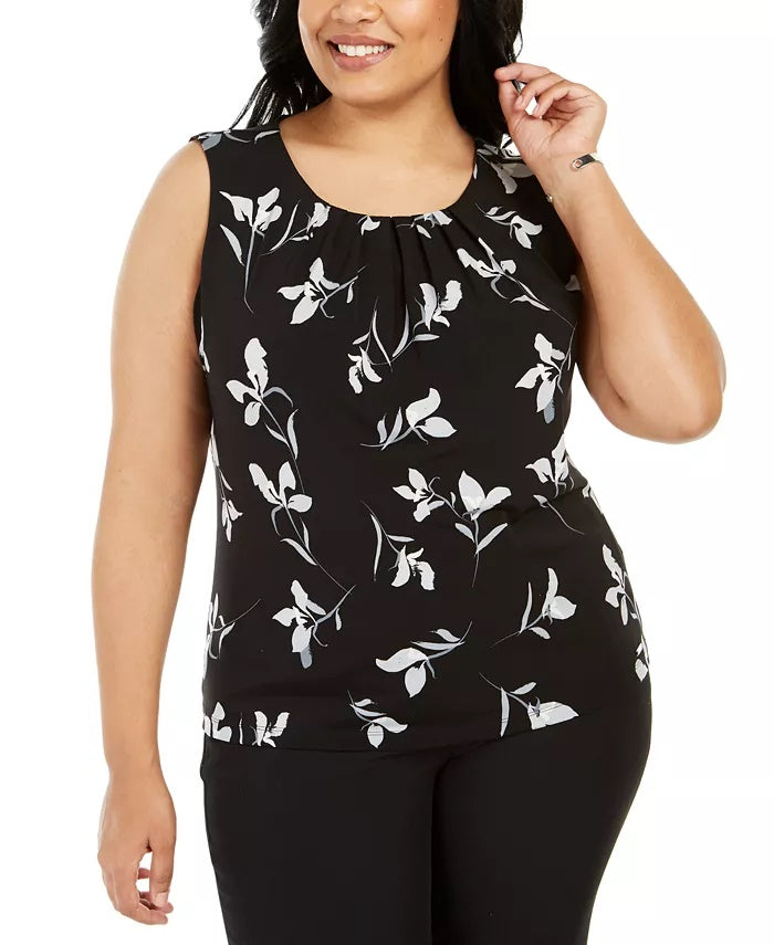 Blusa feminina Calvin Klein Plus com estampa, gola plissada, sem mangas, preta, tamanho 3X
