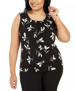 Blusa feminina Calvin Klein Plus com estampa, gola plissada, sem mangas, preta, tamanho 3X