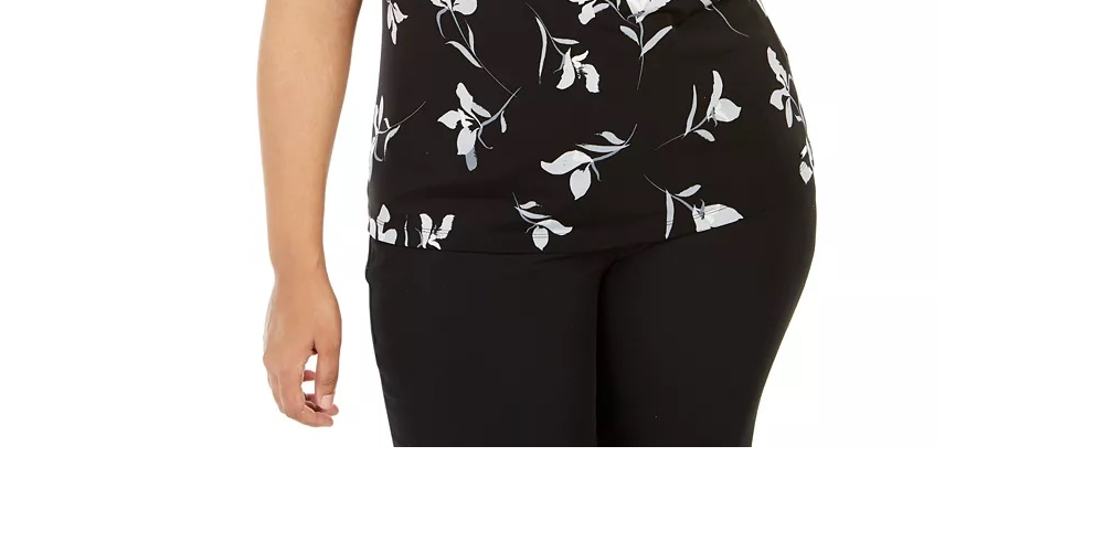 Blusa feminina Calvin Klein Plus com estampa, gola plissada, sem mangas, preta, tamanho 3X