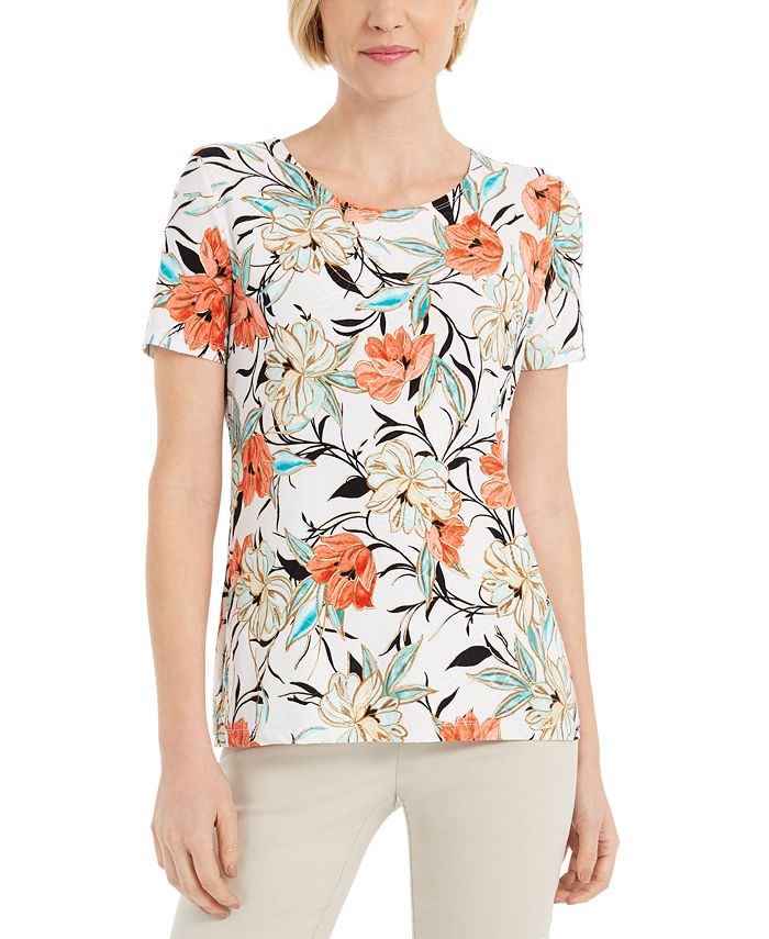 Blusa feminina com estampa floral JM Collection, branca, tamanho M