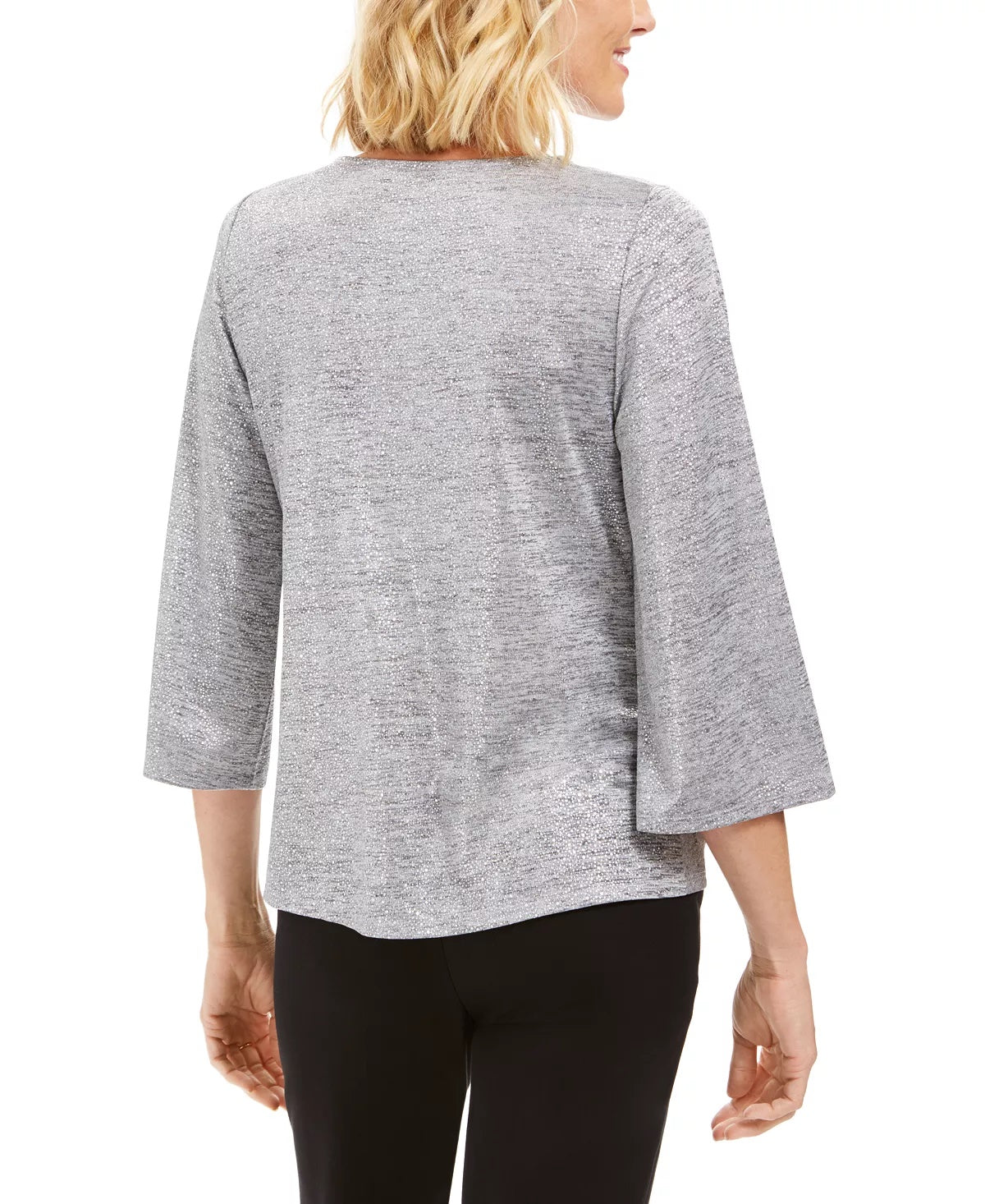 JM Collection Top Feminino com Bainha Torcida e Decote em V, Prateado, Tamanho Pequeno