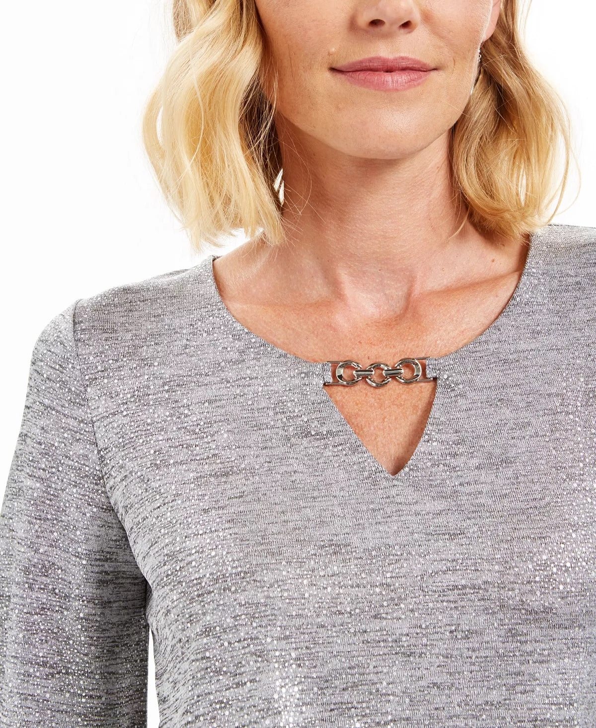 JM Collection Top Feminino com Bainha Torcida e Decote em V, Prateado, Tamanho Pequeno