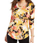 JM Collection Blusa feminina estampada com manga 3/4 e decote redondo, tamanho amarelo -XL