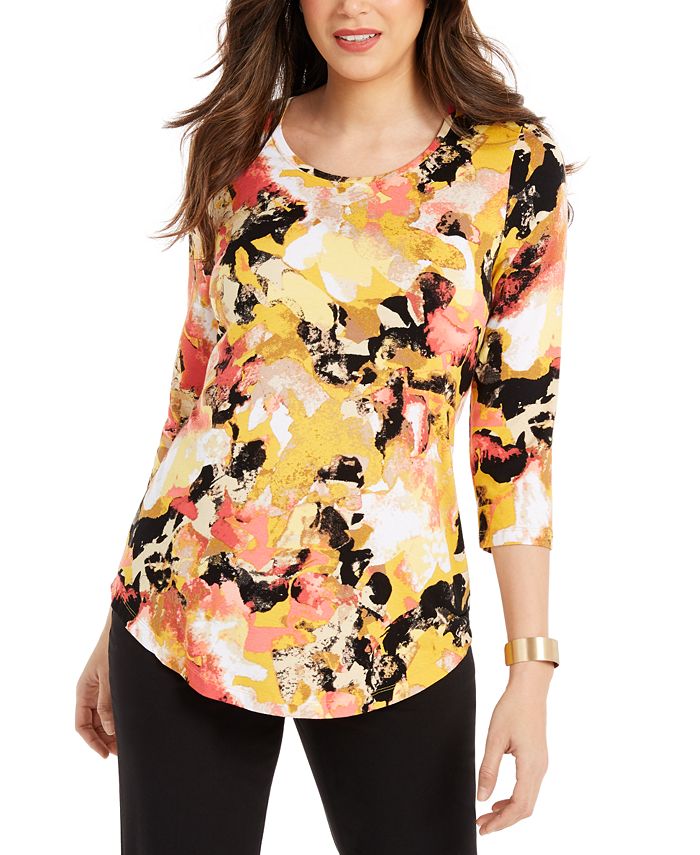 JM Collection Blusa feminina estampada com manga 3/4 e decote redondo, tamanho amarelo -XL