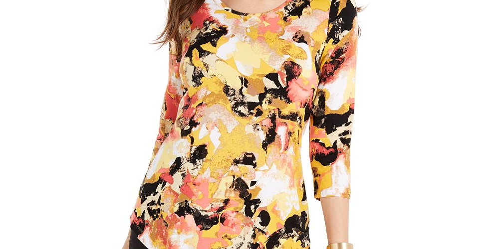 JM Collection Blusa feminina estampada com manga 3/4 e decote redondo, tamanho amarelo -XL