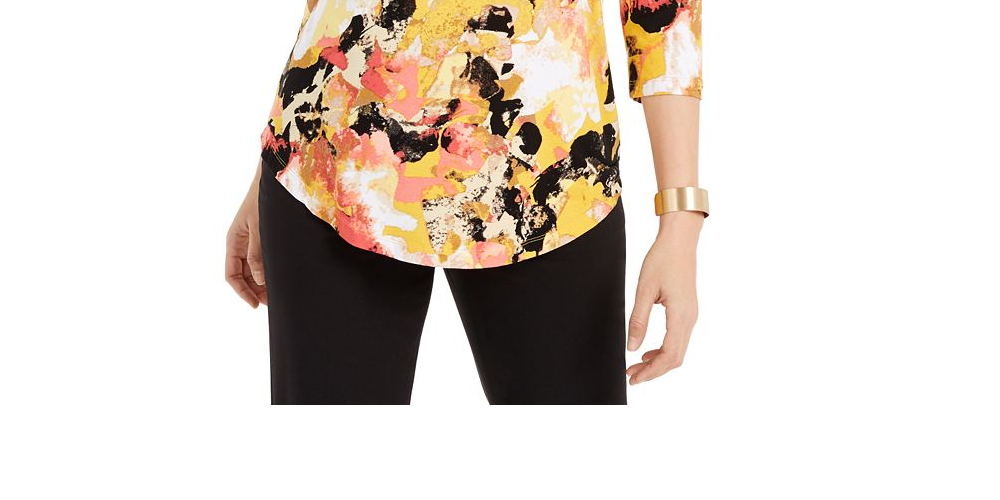 JM Collection Blusa feminina estampada com manga 3/4 e decote redondo, tamanho amarelo -XL