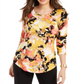JM Collection Blusa feminina estampada com manga 3/4 e decote redondo, tamanho amarelo -XL