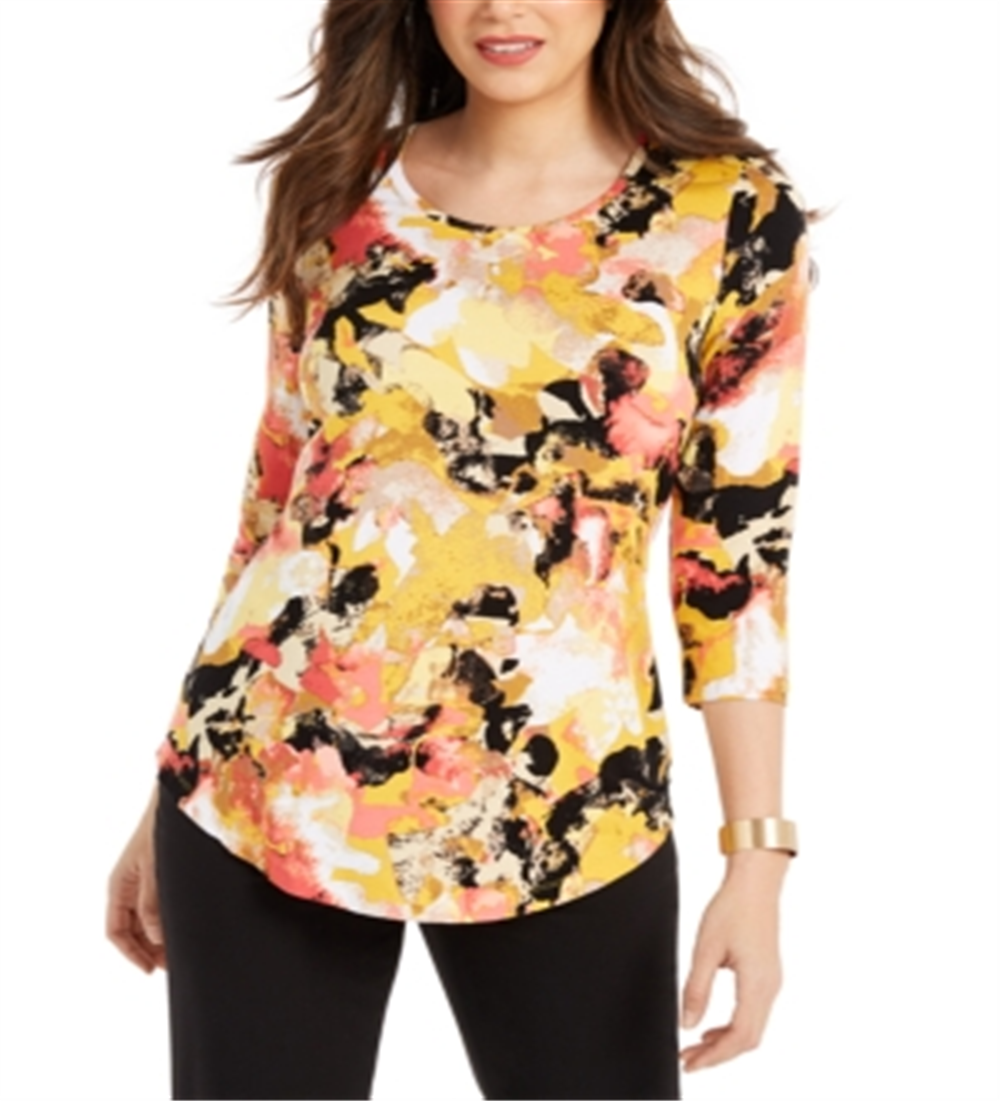 JM Collection Blusa feminina estampada com manga 3/4 e decote redondo, tamanho amarelo -XL