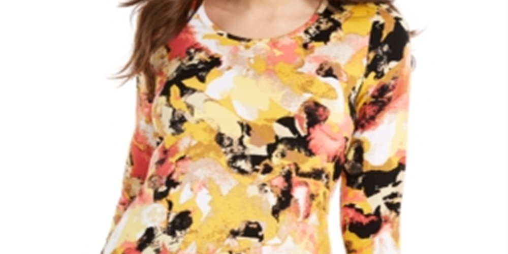 JM Collection Blusa feminina estampada com manga 3/4 e decote redondo, tamanho amarelo -XL