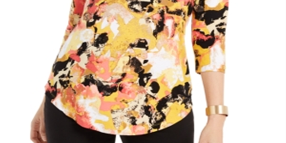 JM Collection Blusa feminina estampada com manga 3/4 e decote redondo, tamanho amarelo -XL