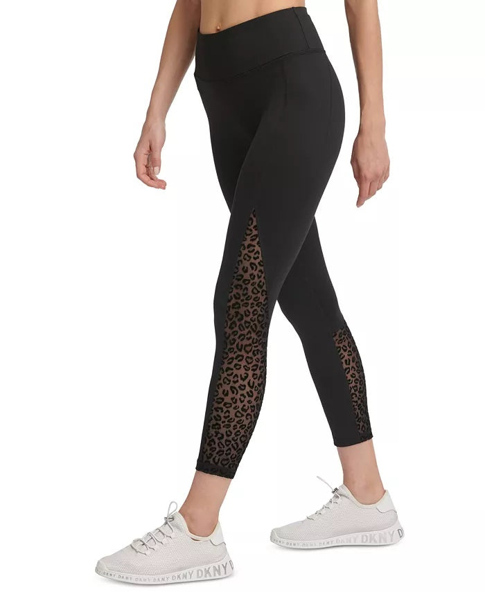Leggings femininas esportivas DKNY com estampa de leopardo e cintura alta, pretas, tamanho médio