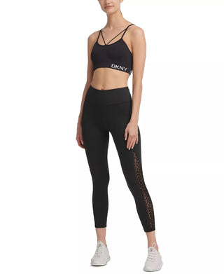 Leggings femininas esportivas DKNY com estampa de leopardo e cintura alta, pretas, tamanho médio