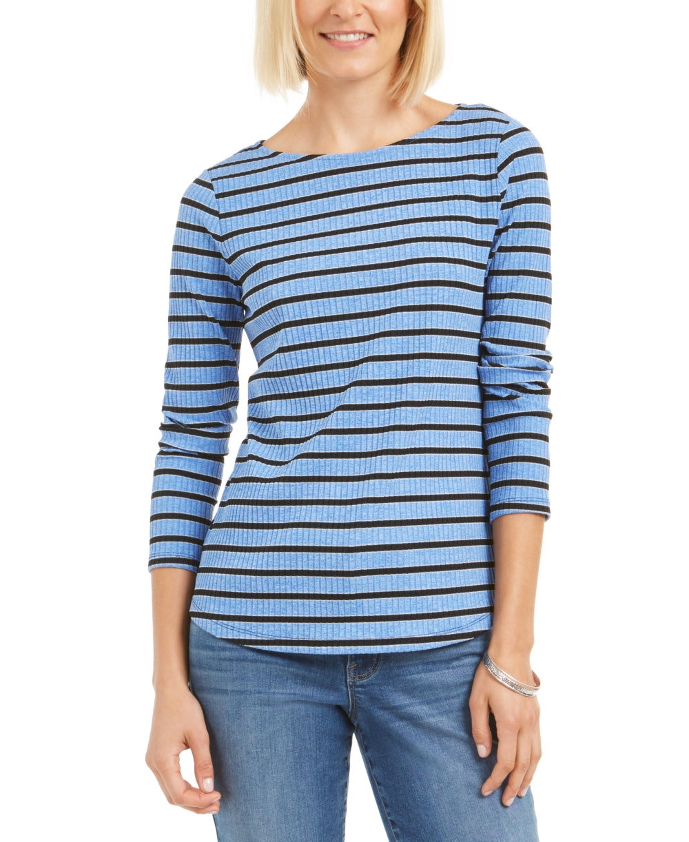 Charter Club Top feminino estampado pequeno com manga 3/4, azul, tamanho G