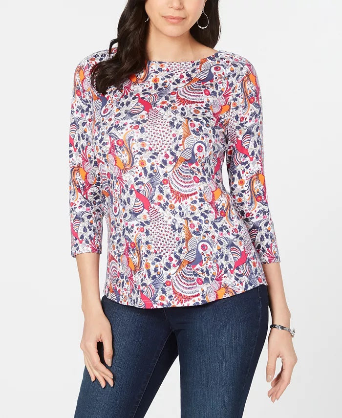 Charter Club Blusa feminina de algodão estampada com decote canoa, azul, tamanho extragrande