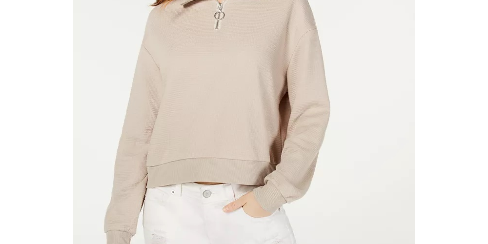 Blusa de malha waffle com zíper Crave Fame Juniors, bege, tamanho pequeno