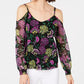 Blusa de festa feminina INC International Concepts com decote em V e babados florais, preta, tamanho PS