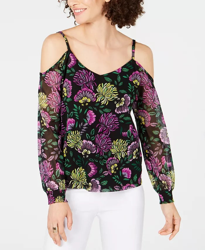 Blusa de festa feminina INC International Concepts com decote em V e babados florais, preta, tamanho PS