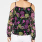 Blusa de festa feminina INC International Concepts com decote em V e babados florais, preta, tamanho PS