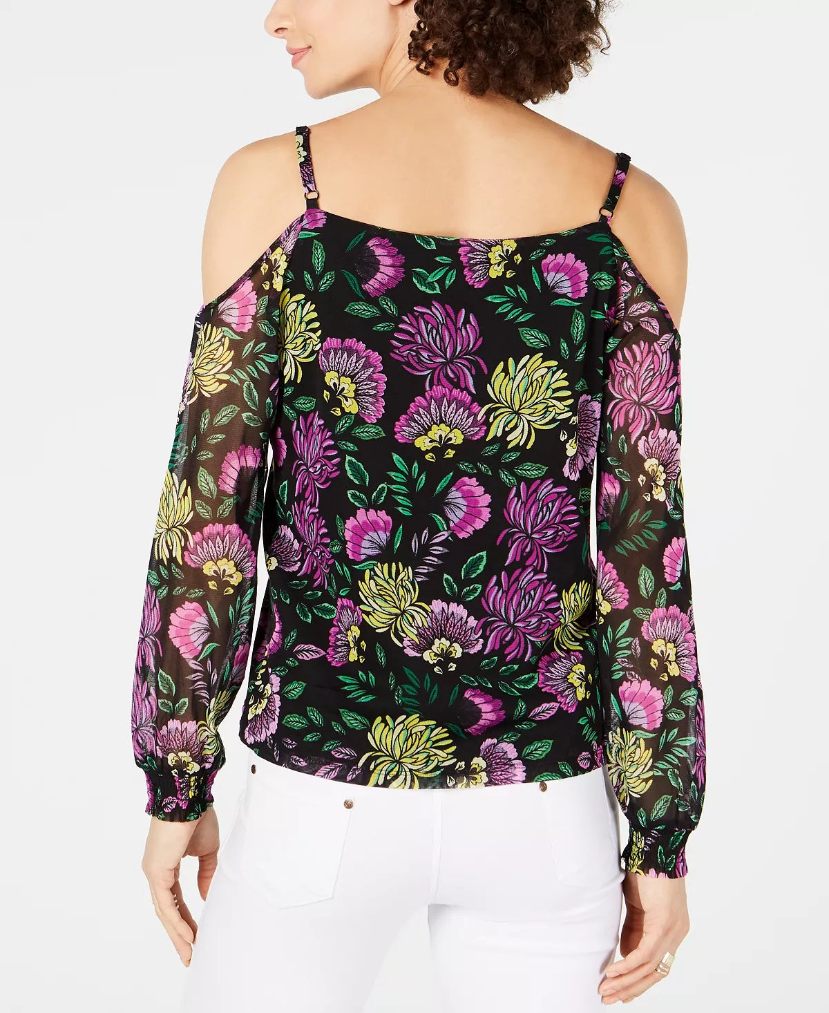 Blusa de festa feminina INC International Concepts com decote em V e babados florais, preta, tamanho PS
