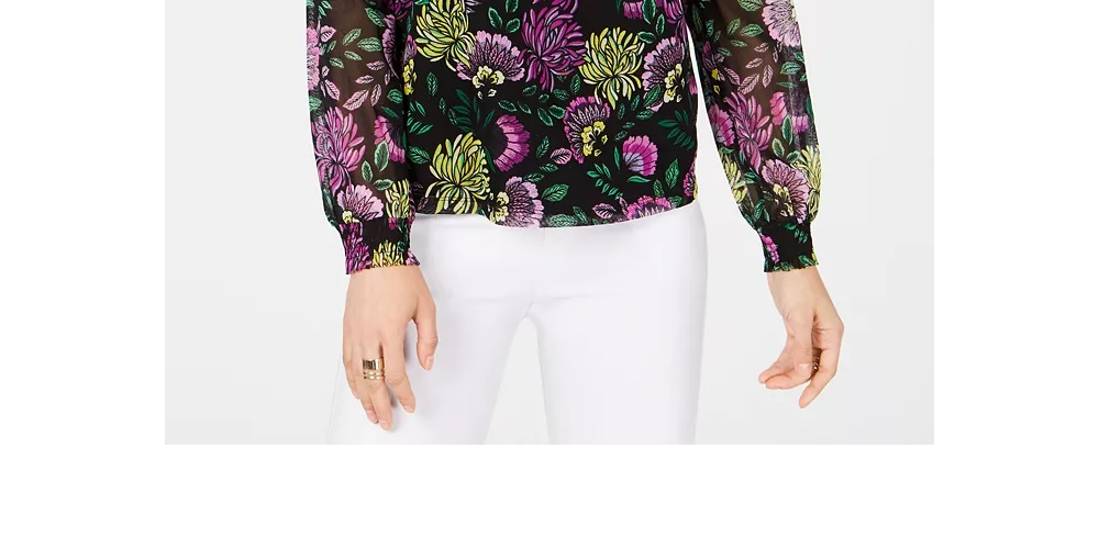 Blusa de festa feminina INC International Concepts com decote em V e babados florais, preta, tamanho PS