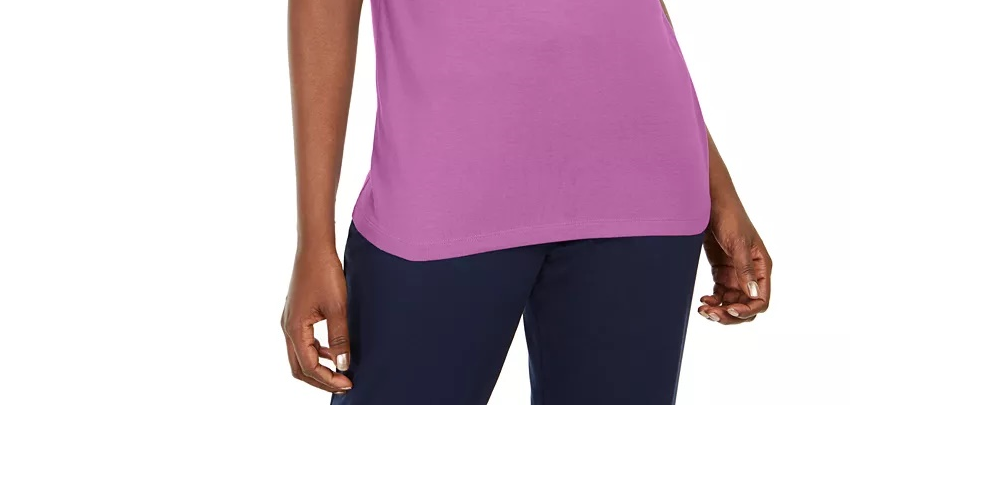 Camiseta feminina Karen Scott de algodão com acabamento em crochê, roxa, tamanho médio