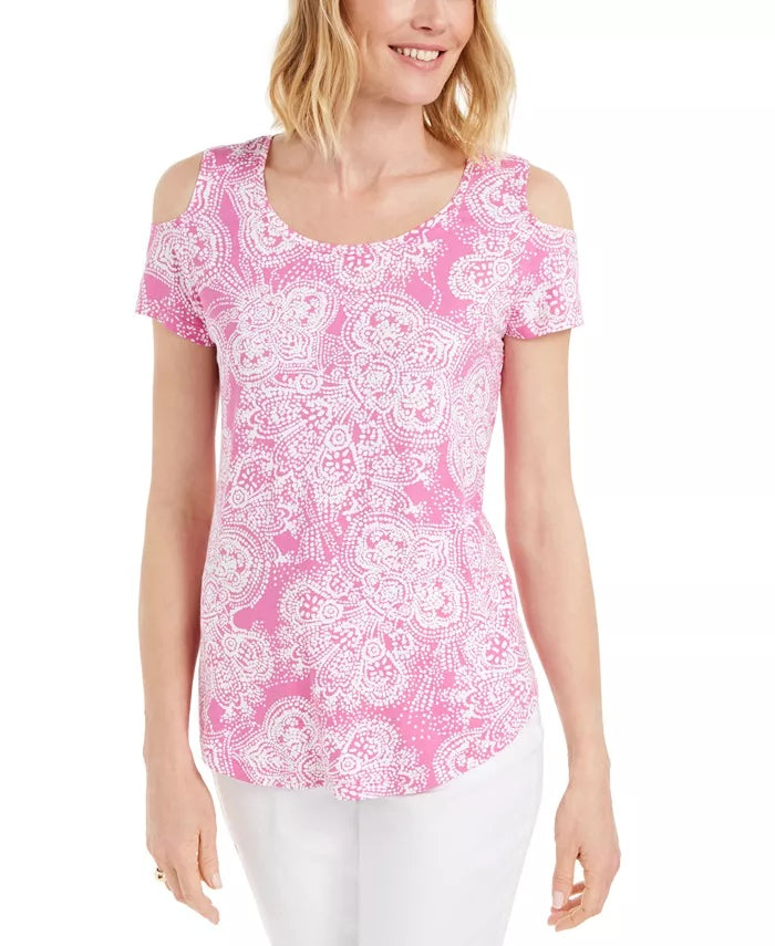 JM Collection Blusa feminina estampada com ombros descobertos e decote redondo, rosa, tamanho XX-G