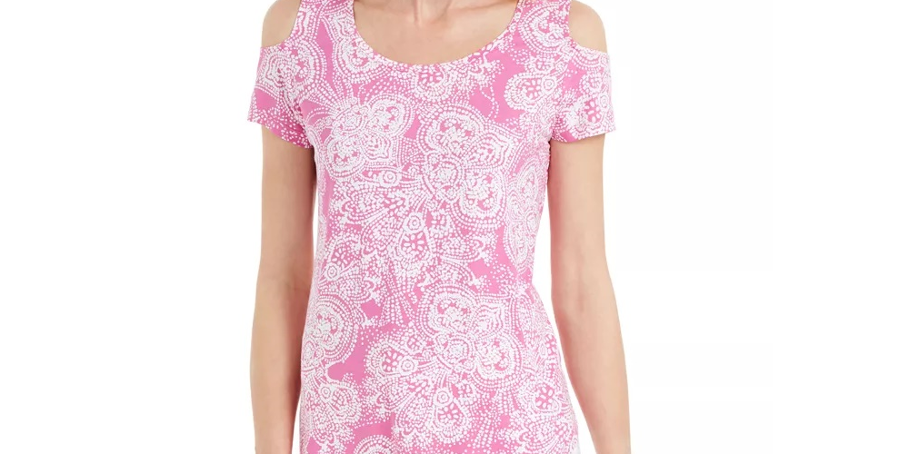 JM Collection Blusa feminina estampada com ombros descobertos e decote redondo, rosa, tamanho XX-G