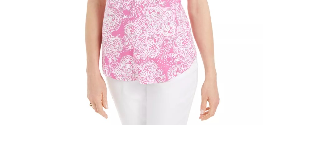 JM Collection Blusa feminina estampada com ombros descobertos e decote redondo, rosa, tamanho XX-G