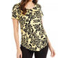 JM Collection Blusa feminina com decote redondo e damasco, preta, tamanho grande