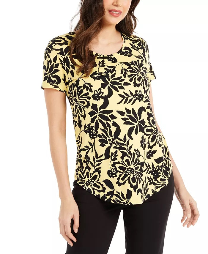 JM Collection Blusa feminina com decote redondo e damasco, preta, tamanho grande