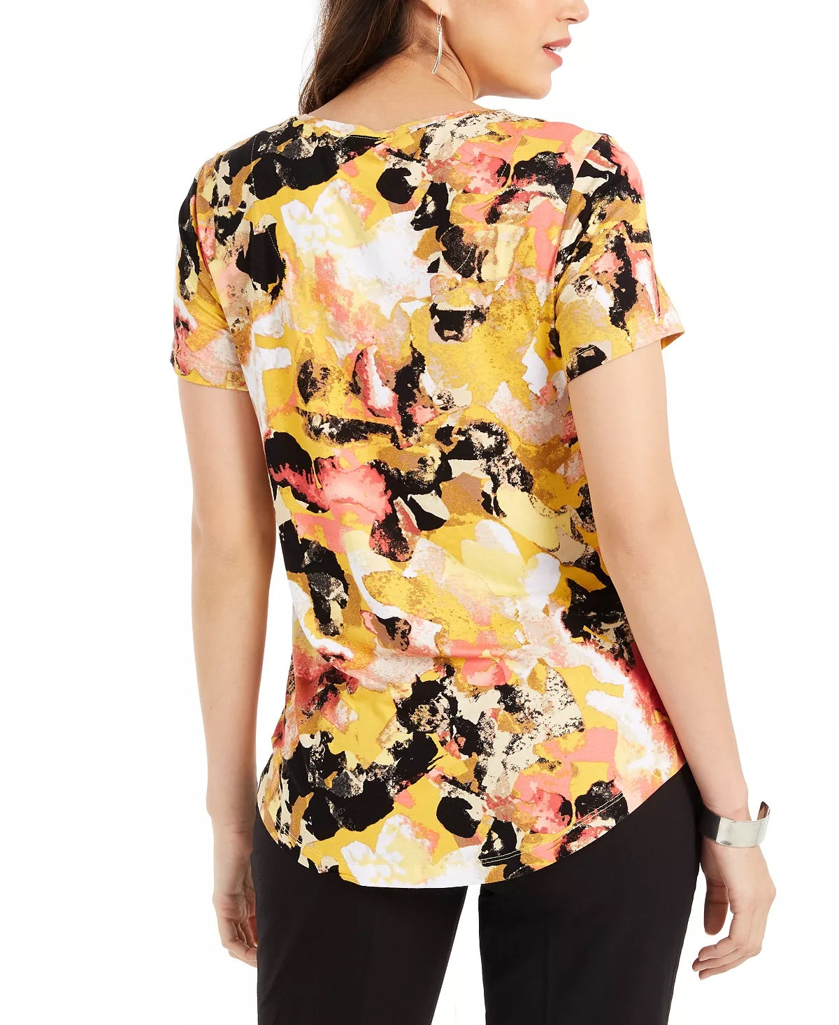 JM Collection Blusa feminina com decote redondo e damasco, preta, tamanho grande