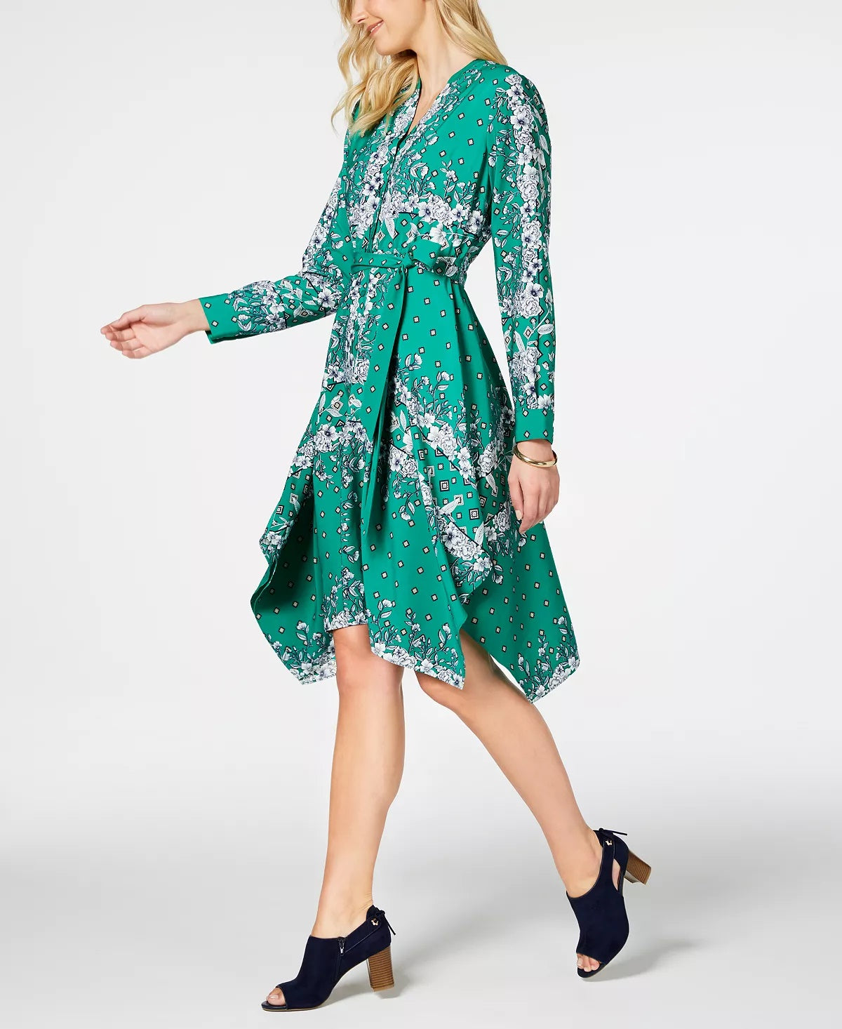Vestido-camisa feminino com bainha de lenço estampado Charter Club, verde, tamanho pequeno G