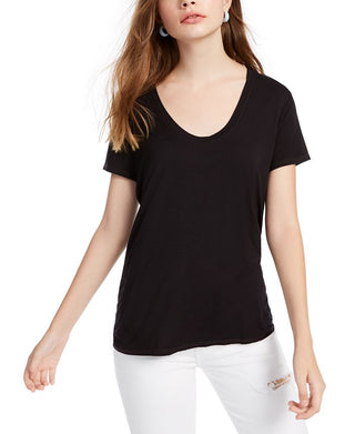 Camiseta feminina Sloane de manga curta e rayon, gola redonda, preta, tamanho médio