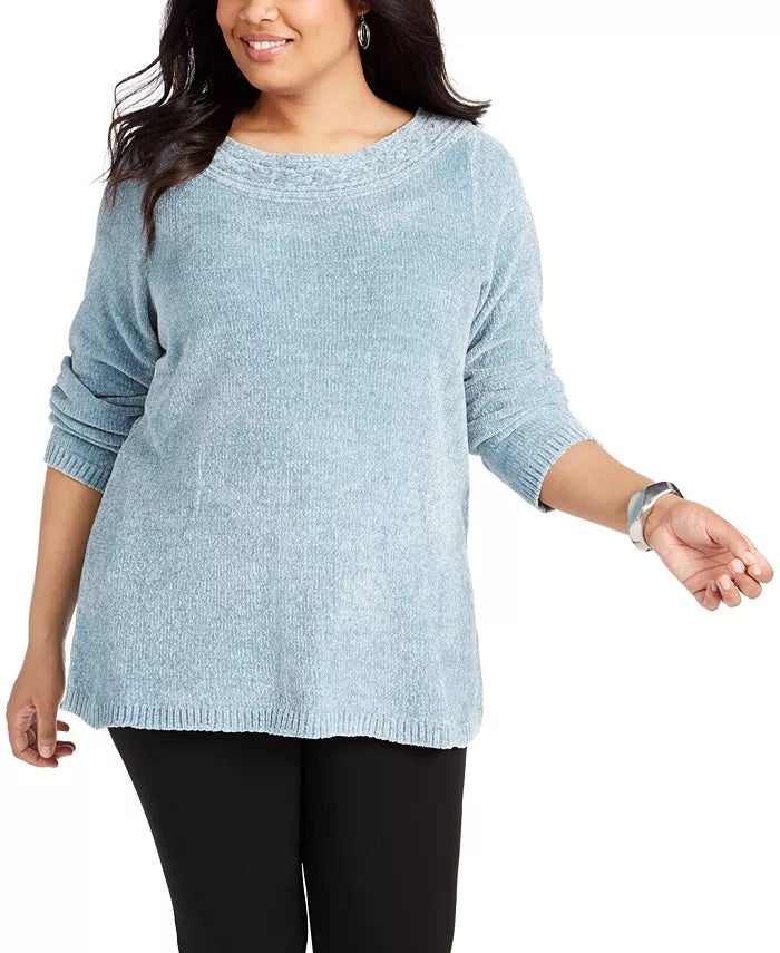 Karen Scott Suéter Feminino Plus Size Gola Canoa Chenille Azul Tamanho 2X